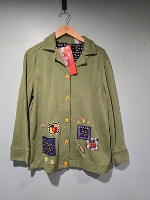 Vtg Onque Casual Halloween Fall Patch Embroidered Green Cotton Cardigan L NWT
