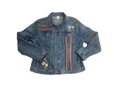 Denim Jacket L Embroidered Flowers Bird Boho Hippie Travel Fall Western Studs