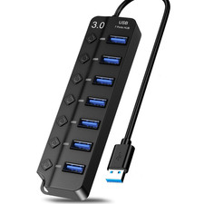 7 Port USB Hub Splitter 3.0 Powered for Laptop, USB Extender Individual Switch