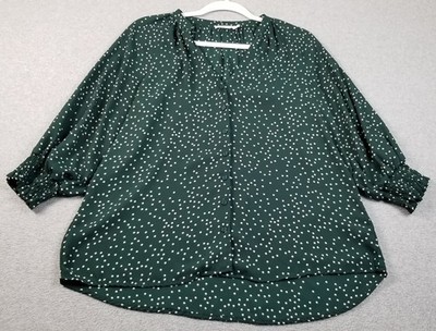 LUSH Top Women s Medium Green White Polka Dots 3/4 Sleeve V Neck Button Up Shirt