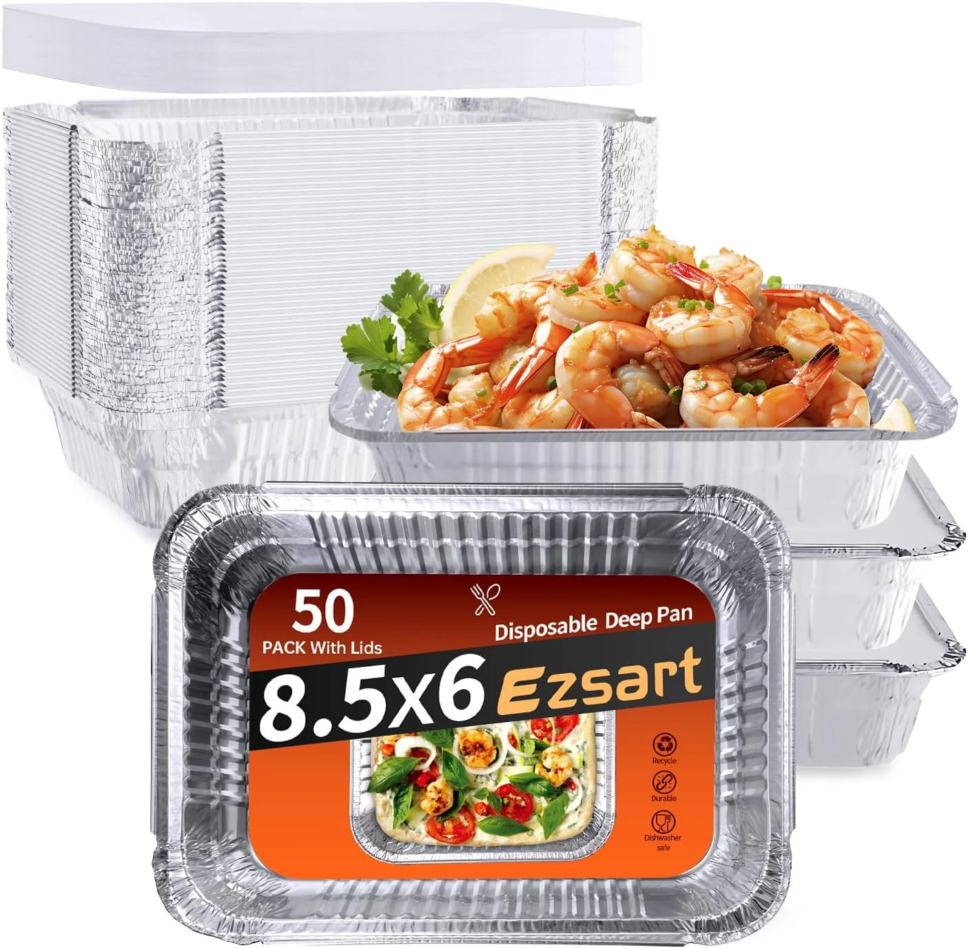 Aluminum Pans with Lids - 50 Pack 2.25LB Capacity Disposable Pans, 8.5”X6” Heavy
Opens in a new wind