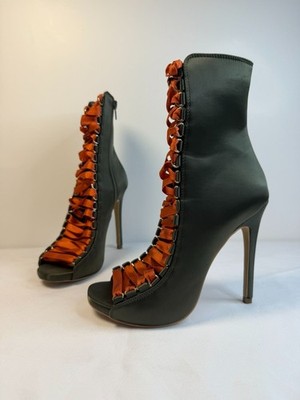 Steve Madden Fuego Booties Women Size 6.5 Corset Ribbon Olive and Orange Lace up