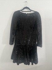 ELIZA J Black Velvet Sequin Long Sleeve Ruffle Skirt Sheath LBD Dress 6P Petite