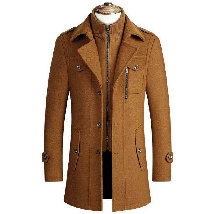 Men's Wool Blend Trench Coats Jacket Lapel Standup Collar Overcoat