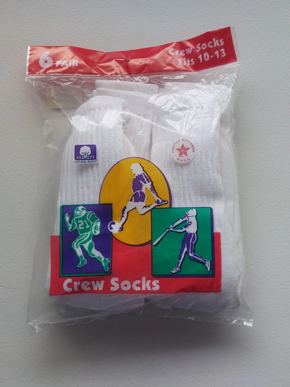 VINTAGE Cotton Crew Socks 6 PAIR White Sz 10-13 Made in USA Mens Sports Socks