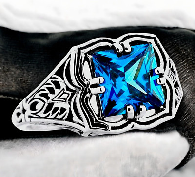 CEYLON BLUE SAPPH. CZ 925 STERLING SILVER VINTAGE DESIGN SOLITAIRE RING  #1254