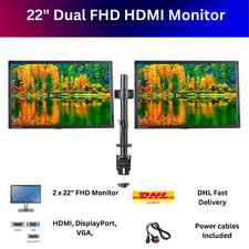 Dual HDMI Monitor 2 x 22" Lenovo/Dell/HP  Gaming LED LCD Screen-Desk Clamp