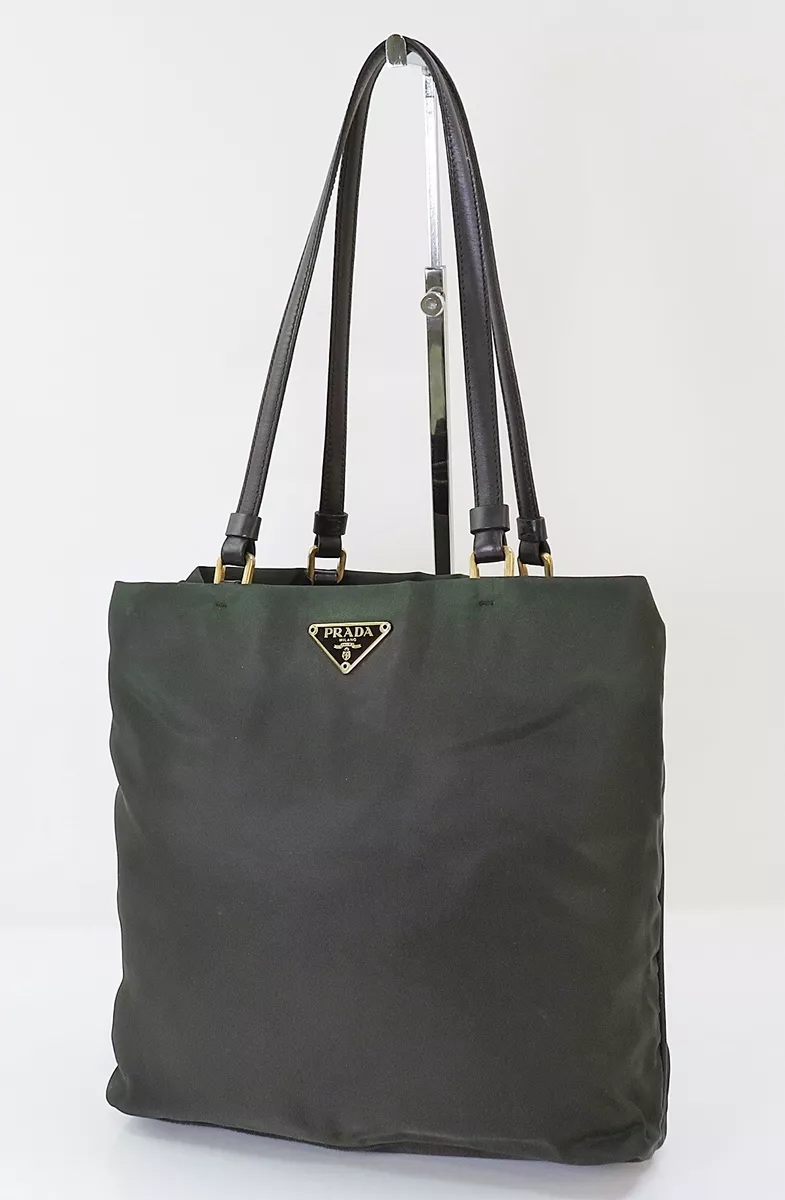 Authentic PRADA Khaki Brown Nylon and Brown Leather Tote Bag Purse 55155