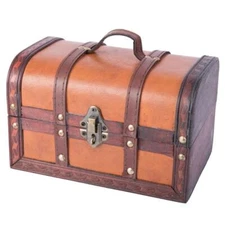 Vintiquewise Decorative Treasure Box Wood Faux Leather Old Fashioned Hardware