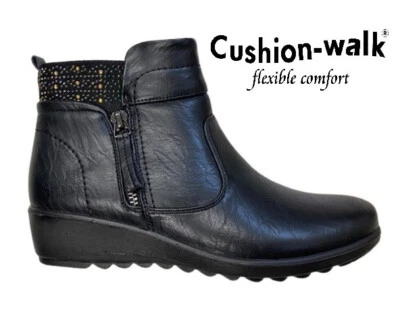 Cushion Walk Ladies Black Womens Comfort Ankle Boots Zip Shoes New UK Sizes 4-8