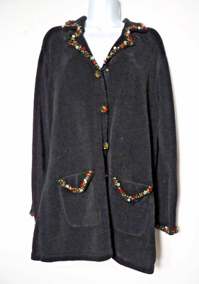 J Two New York Cardigan Sweater Chenille Sweater XL Black Beaded Artsy NWT Matur