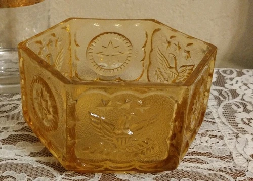Vintage Amber Indiana Glass Hexagon Dish Patriotic Eagle Star Tiara Glass Yellow