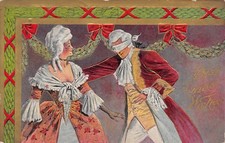 Christmas~Regency Couple at Ball~Blindfolded Man~Holly Garland~Gold Leaf Emboss