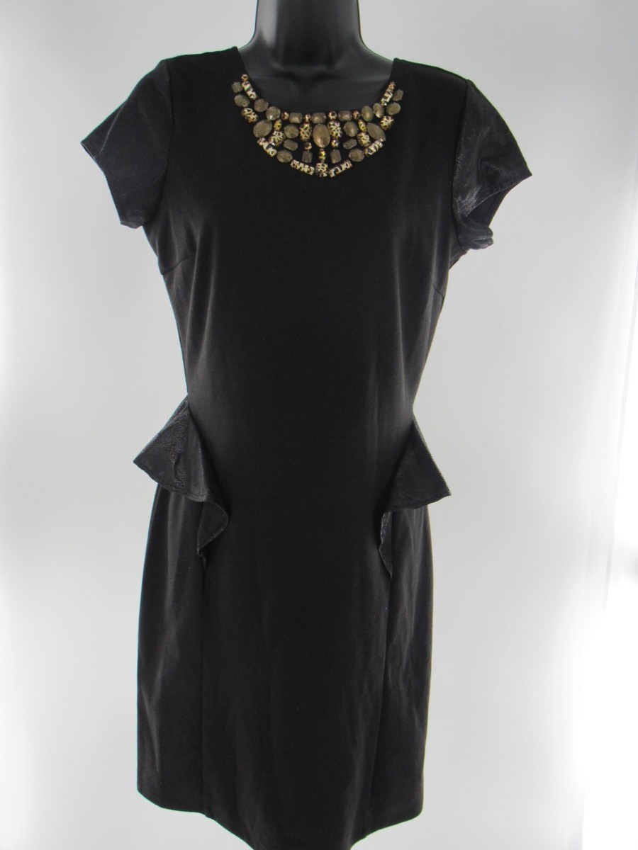 Women's Short Sleeve Peplum Leopard Jeweled Dress Solid Black Size Small