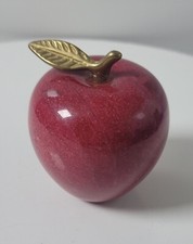 Red Polished Marble Stone Apple Brass Leaf Paperweight sparkle