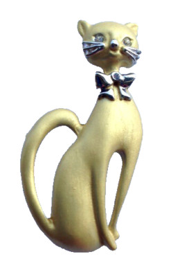 Kitty Cat Brooch Pin Brushed Gold Tone Enamel Clear Crystal Mothers Day Gift