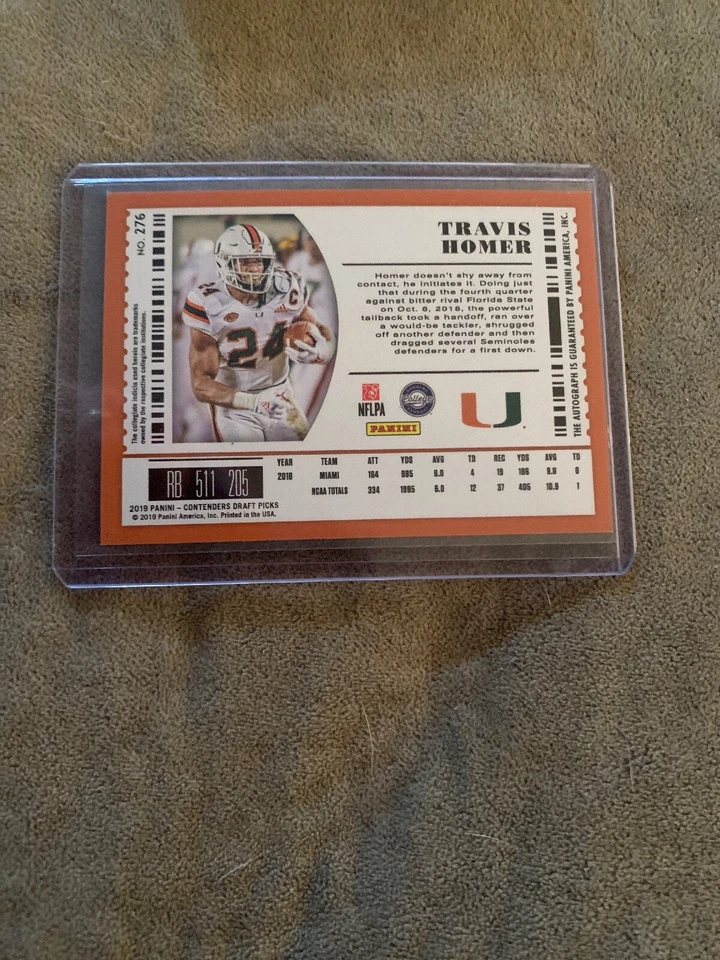 2019 Panini Contenders Draft TRAVIS HOMER Auto Autograph RC - Miami - Image 2 of 2