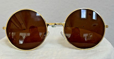 Vintage John Lennon Style Round Gold Tone Wire Frame Sunglasses Brown Lens