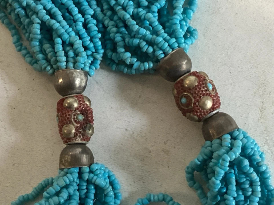 Bijoux Ethnique du Népal Collier Perles Turquoises,Pendentif Laiton/Cornaline.  - Photo 3/4