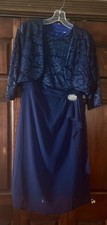 Navy Lace Overlay Evening Dress with Brooch Accent Medium