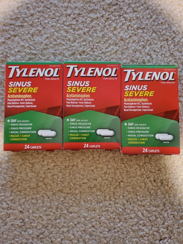 3 Boxes Tylenol Sinus Severe Caplets Tablets 24 Each Box 72 Total Exp 4/27