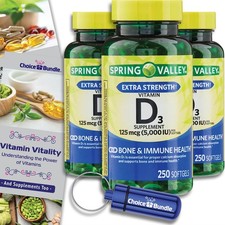 Spring Valley Vit D3 5000 IU 125mcg 3Pk 750ct Softgels Bonus Guide Case