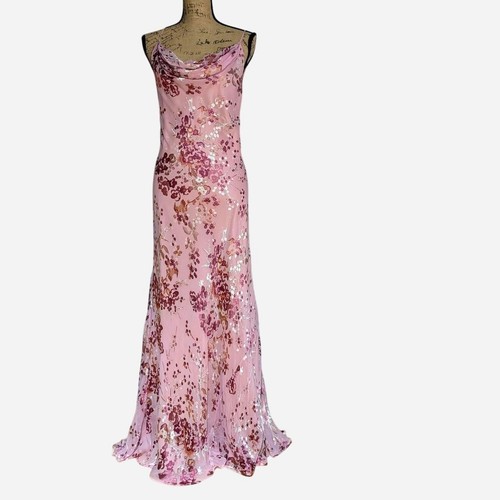 90s Y2K Monsoon Baby Pink Beaded Bias Cut Slip Style Long Dress UK 18/20 (US 16)