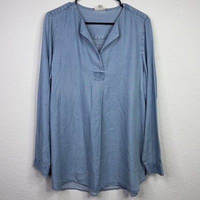 J.Jill Shirt Womens M Tall Denim Chambray Long Sleeve Popover Coastal Minimalist