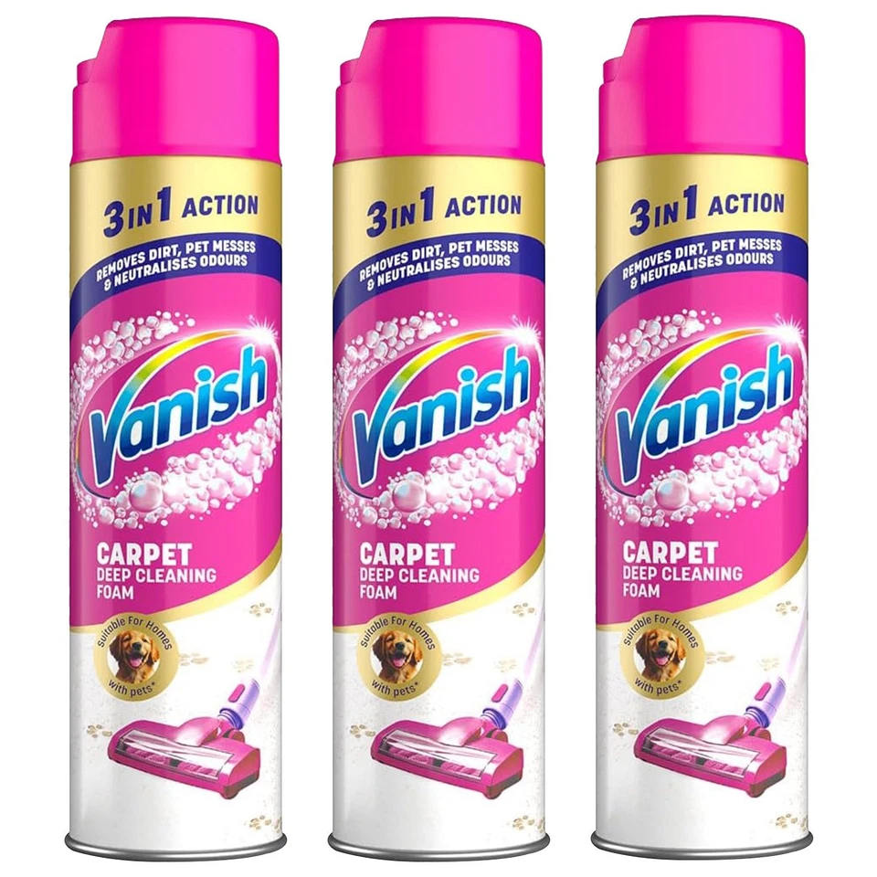 3 x Vanish Gold Carpet Cleaner Care Foam Upholstery Dirt & Stain Remover 600ml