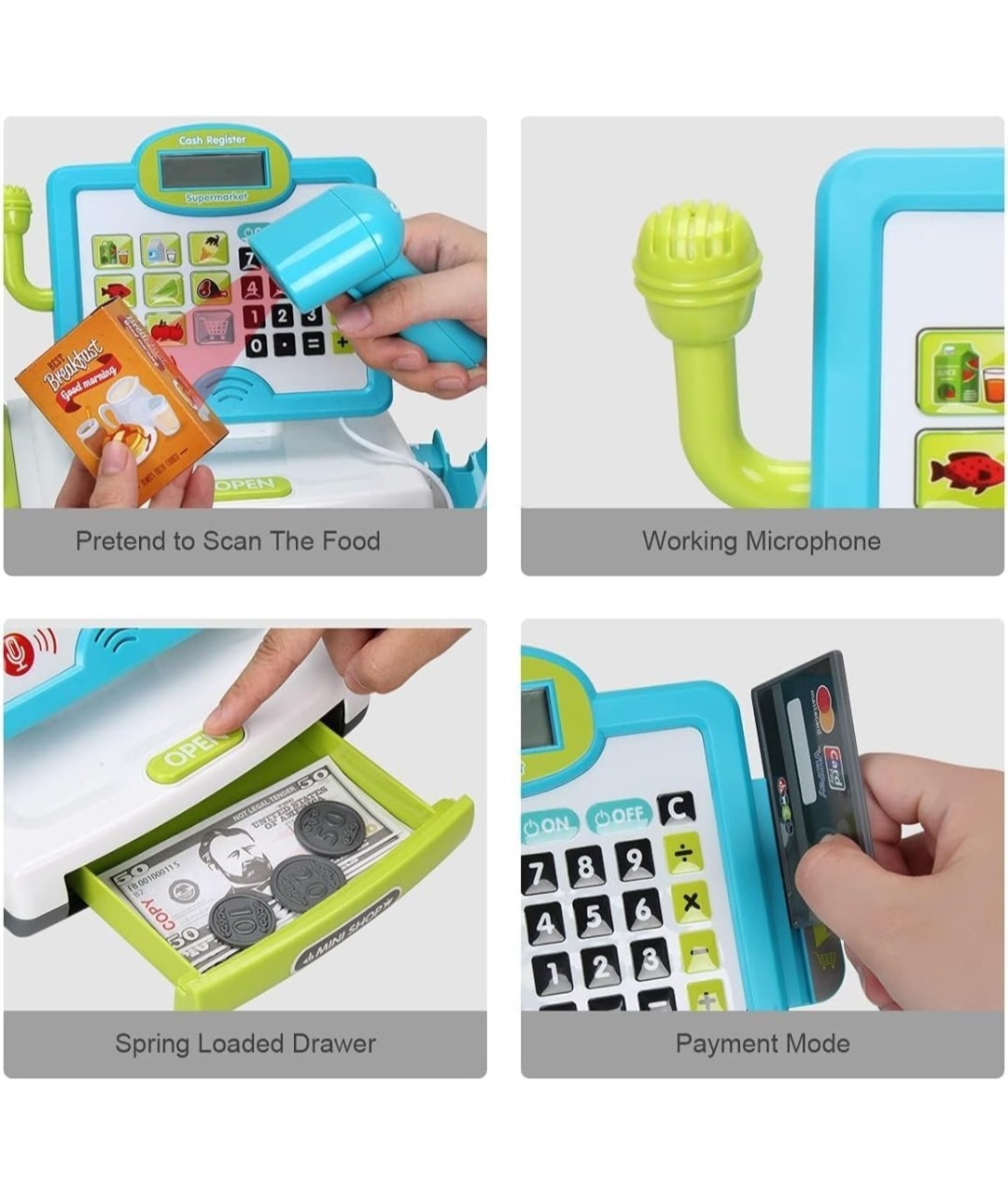 как выглядит Pretend Play Calculator Cash Register Blue Set with Basket, Food, Money фото