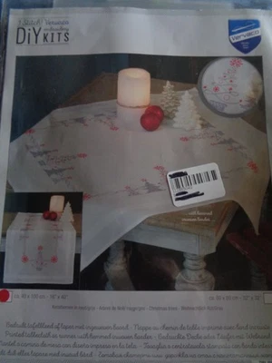 DIY VERVACO STAMPED EMBROIDERY KIT CHRISTMAS TREES TABLE RUNNER 16" X 40"