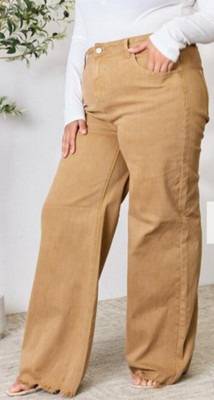 RISEN Full Size Fringe Hem Wide Leg Jeans Mocha Tan High Rise Size 31 x 32
