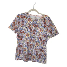 Talbots Red Pink Floral Print Tee | Bright Boho Preppy Short Sleeve Top L