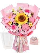 Pink Crochet Flower Bouquet Sunflower Rose Tulip Knitted Anniversary Gift
