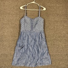 American Eagle Chambray Quilted Bodice Sun Dress Blue Denim Pockets Size 10 Y2k