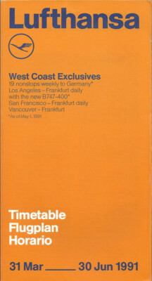 Lufthansa German Airlines Western US system timetable 3/31/91 [4091]