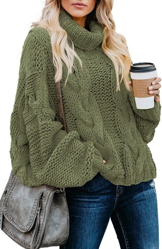 Womens 2024 Winter Fall Solid Turtleneck Balloon Long Sleeve Green Sweaters