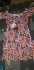 Pretty Little Thing Dress Floral Pink Lilac Size 4 Summer Beach Off The Shoulder