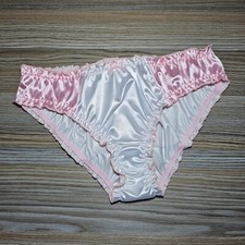 Vintage Glossy Satin Panty Sissy White Pink Bikini Brief Size 7 / L Hip 37-40"