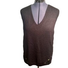 Women's V-Neck Tunic Sweater Vest Dark Charcoal Gray Multicolor Buttons Vents
