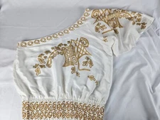 Size 1X Monroe and Main White And Gold Embroidered One Shoulder Boho Top 