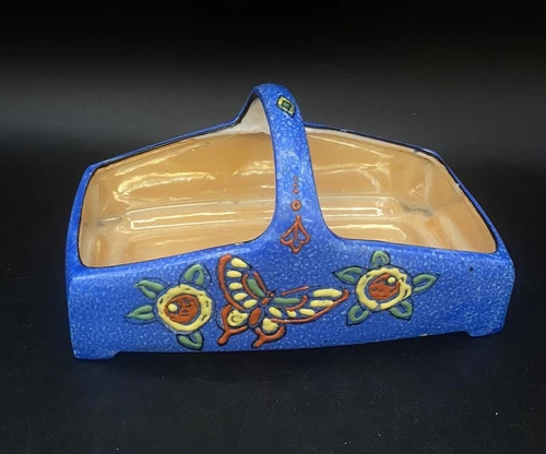 Ceramic Lusterware Basket Japan Blue Flowers Butterfly READ