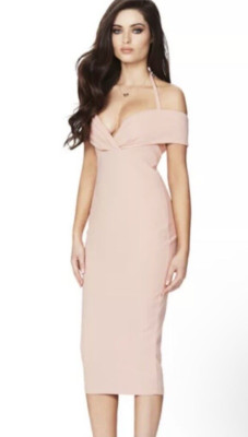 Revolve NOOKIE Athena Off Shoulder Halter Midi Dress Blush Pink Size S, NEW NWT