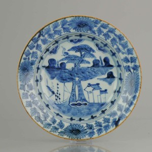 Antique Unusual 19th C Chinese Porcelain Kitchen Qing Plate China Crane Pine