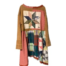 Upcycled Tunic Dress XL Lagenlook Art To Wear Patchwork Boho Festival Sharkbite