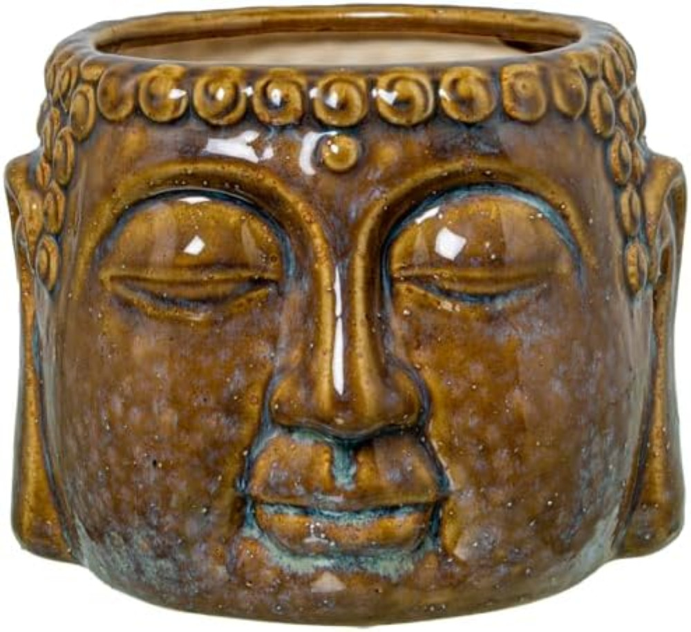 MACETERO CERÃMICA MARRÃ"N LACADO ROSTRO BUDA_18X17X13CM