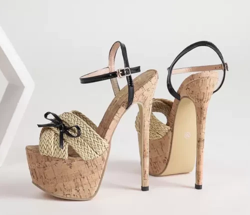 Mujer Verano Peep Toe Moño Tejido Sandalias Playa Moda Vestido Zapatos Tacón Alto - Imagen 10 de 12