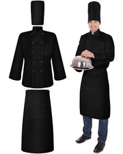 Halloween 3 Pcs Chef Unisex Costume Tall Hat Coat Bistro Apron Set Chef Jacke...