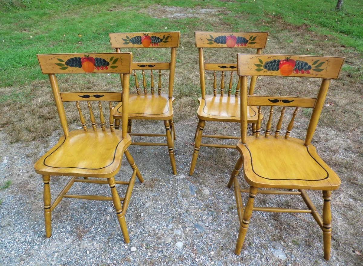 Vintage Set 4 Harvest Painted Hitchcock Style Country Farmhouse Dining Chairs