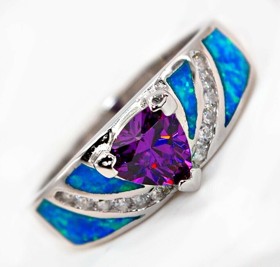 1CT Amethyst & Australian Opal Inlay 925 Sterling Silver Ring Jewelry Sz 8 DT1